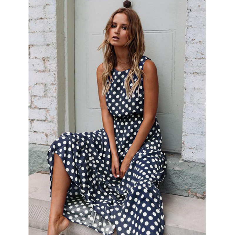 Summer Sleeveless Polka Dot Print Women Midi Dress Casual Fashion Dresses A-Line Boho Elegant Beach Long Dress Vestidos 210419