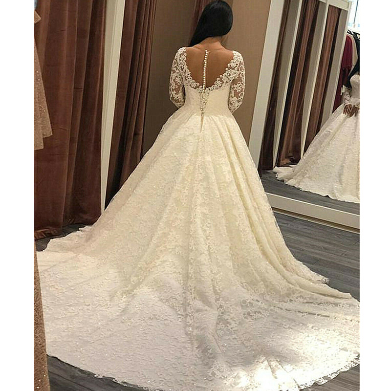 Lace A Line Wedding Dresses Long Sleeve White Ivory Sweep Train Bridal Ball Gown