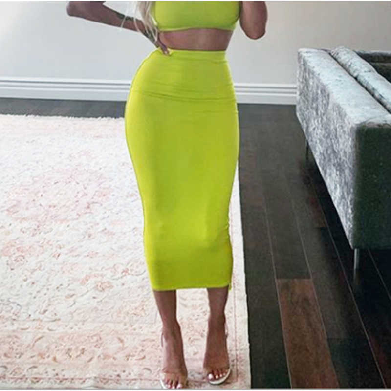 Colysmo 2 Layers High Waist Stretch Pencil Midi Skirt Women Elegant White Long s Candy Colors Cotton Casual Gray 210527