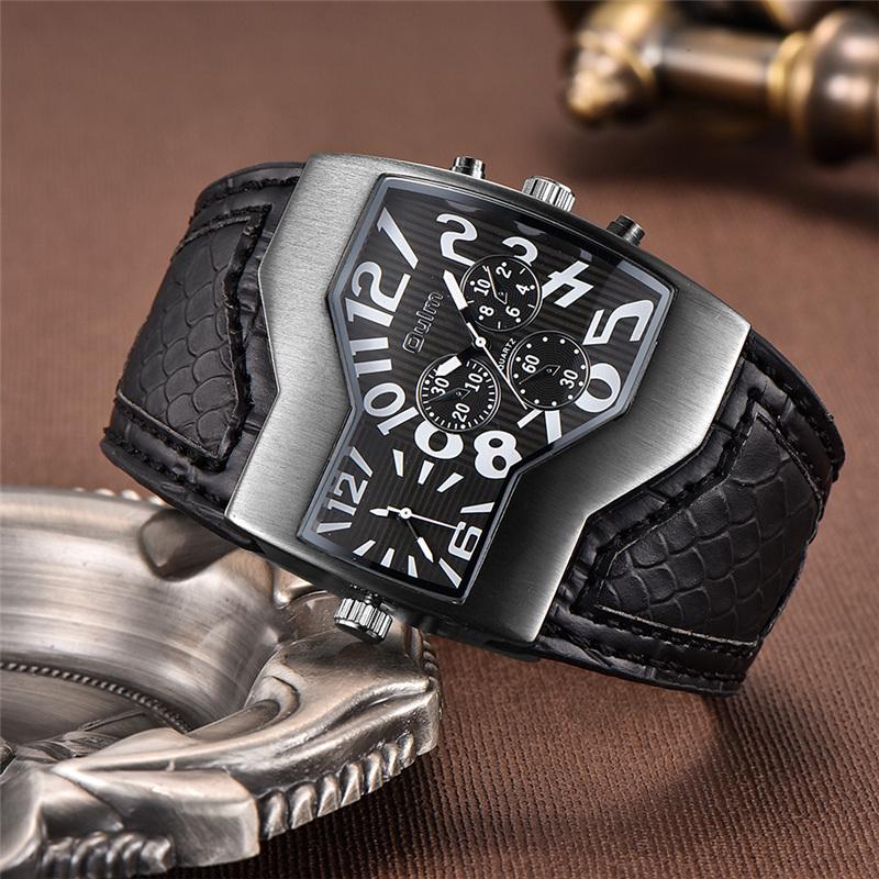 Unique Design Man Quartz Wristwatch Erkek Kol Saati 2 Time Zone Watches Men Wide Leather Strap Sports Watch Wristwatches, B071-1
Unique Design Man Quartz Wristwatch Erkek Kol Saati 2 Time Zone Watches Men Wide Leather Strap Sports Watch Wristwatches, B071-1