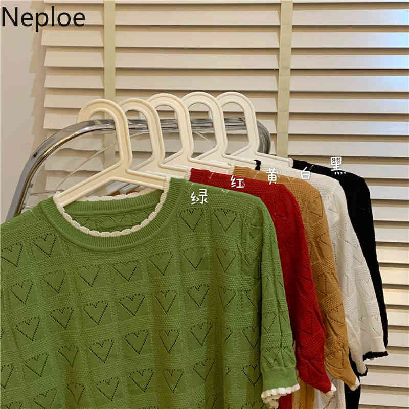 Neploe Women's T-shirts O Neck Short Sleeve Knitted Tops Summer Korean New Loose Solid Pullover Hollow Out Tees Shirt Femme 210422