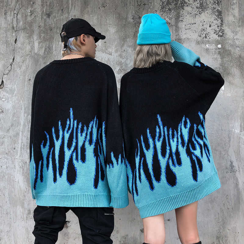 Autumn and winter flame print sweater men women couple coat loose knit round neck top comfortable pullover 211011Z