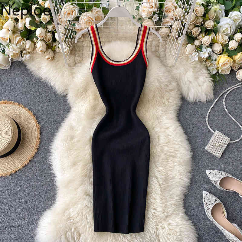 Neploe Contrast Color Summer Dress Knitted Fashion Bodycon Dresses Women Knitting Korean Sexy Stretch High Waist Vestidos 210423