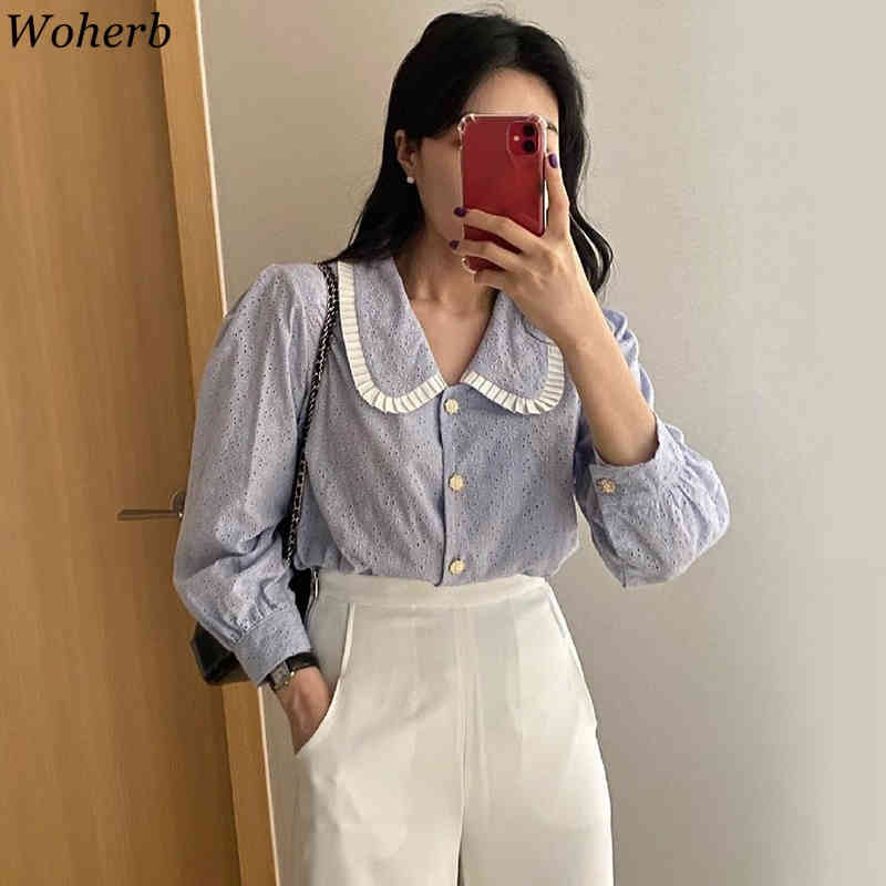 Peter Pan Collar Blouse Women Spring Summer Korean Chic Elegant Lace Hollow Out Female Shirt Casual All Match Blusas 210422