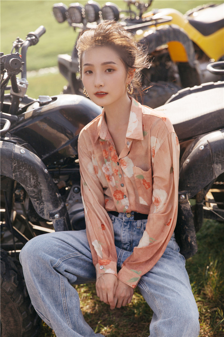 Tie Dye Floral Long Sleeve Top And Blouse Rose Print Orange Button Up Shirt Korean Fashion Fall Women Clothing 210427