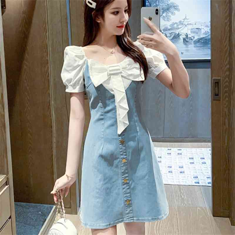 Vintage Sweet White Bowknot Patchwork Denim Dress Summer Women Elegant Square Collar Puff Sleeve High Waist A Line 210519