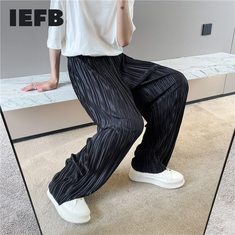 IEFB Men's Black Pleated Pants Men's Summer Korean Loose Casual Straight Wide Leg Pants Elastic Waist Pants 9Y7522 210524