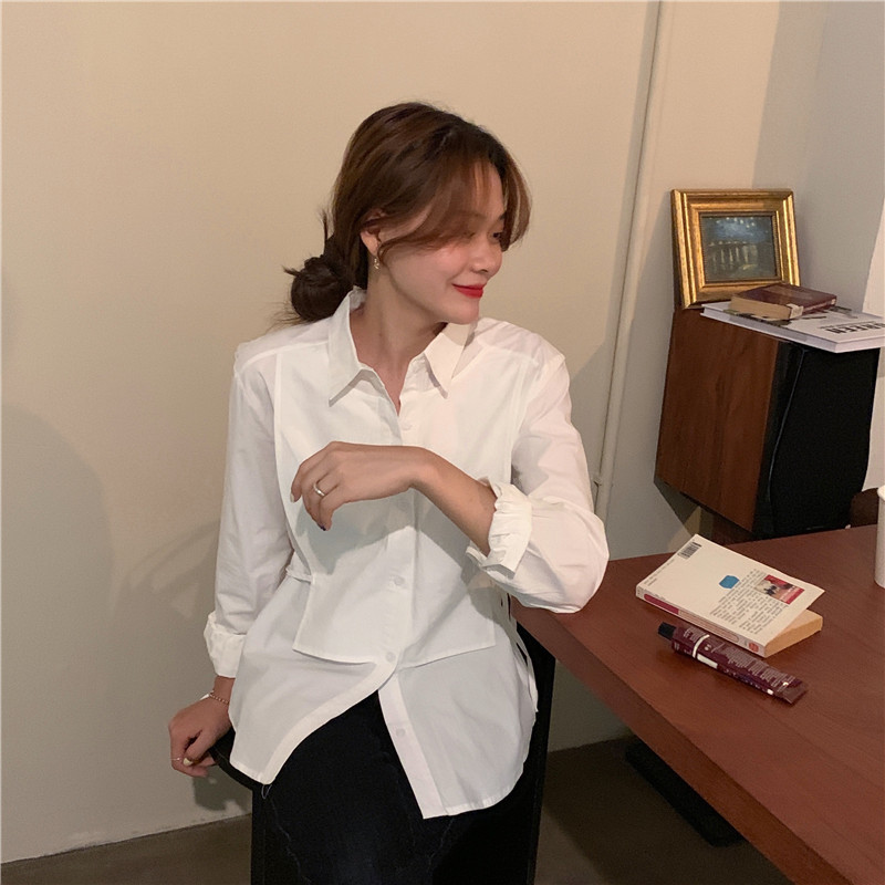 Minimalist Casual Solid Lapel Loose Long Sleeve Shirts OL Fashion Arrival Chic Women All Match Blouses 210421