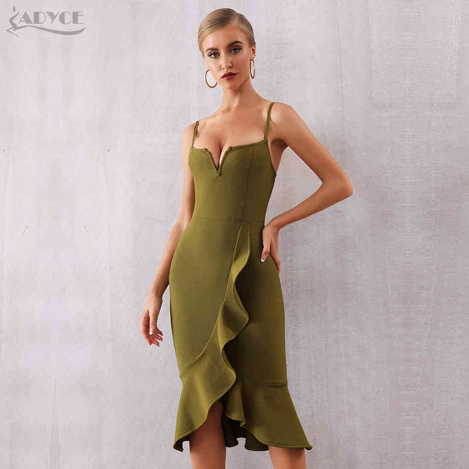 Summer Women Ruffles Bandage Dress Sexy Spaghetti Strap Sleeveless Mermaid Club Celebrity Evening Party 210423