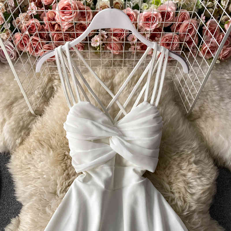 Women Dress Bandage Pleated A-line Mini Vestidos Summer Sexy Vintage Holiday Party Robes Solid Cute Dresses 210519
