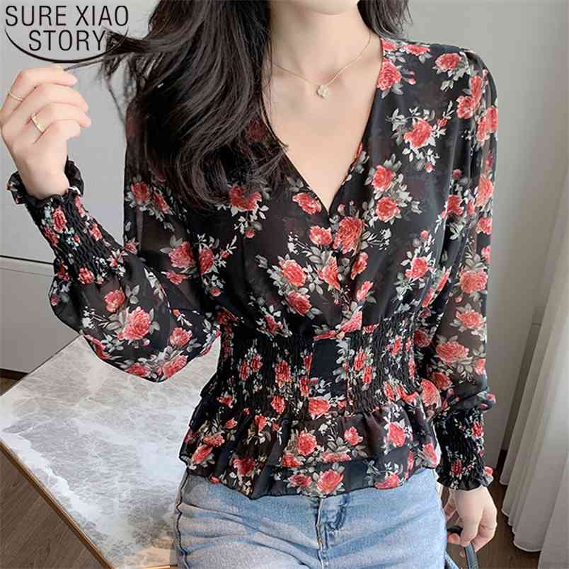 Casual V-Neck Lantern Long Sleeve Shirt Floral Print Shirts Women Chiffon Blouses Blusas Mujer Autumn Pullover Tops 10585 210506