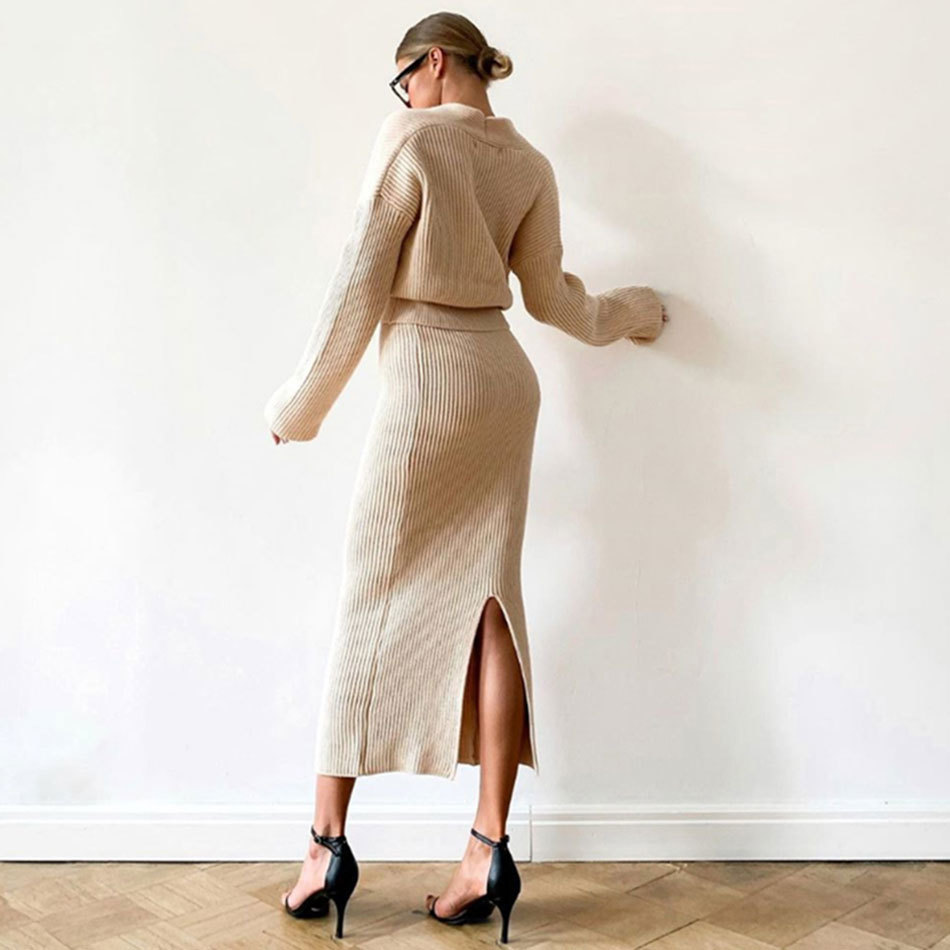 Free Sexy V-Neck Sweater & Skirt Knitted Two Piece Set Women Split Wrapped Cropped Top Autumn Suits 210524