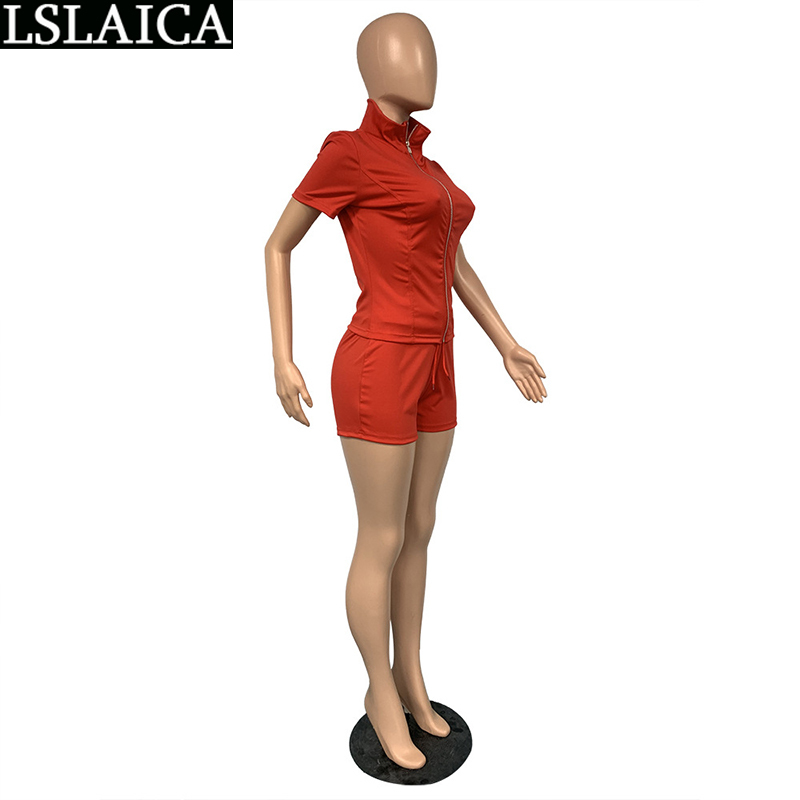 Clothes Women Zipper Slim Casual Elastic Waist Short Sleeve Two Piece Outfits for Fitness Tracksuit Roupas Femininas 210520