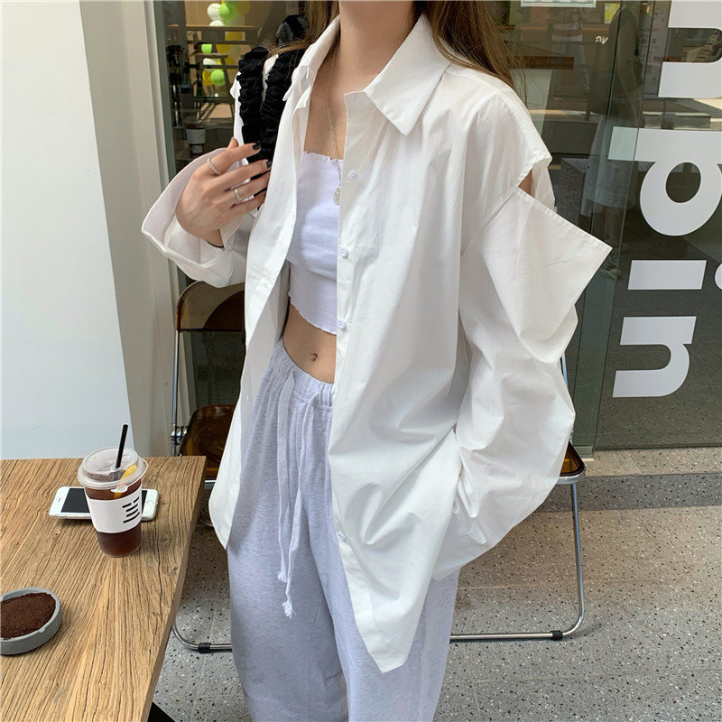 OL Hole All Match Women Blouses Brief Minimalist Full Sleeves Casual Lady Loose Sunscreen Stylish Summer Shirts 210421