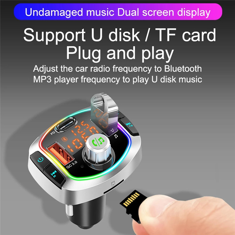 Bluetooth Wireless Car Kit Handfree FM Transmitter TF/U Disk MP3 Music Player LED Backlit Adapter Dual USB QC 3.0+PD Type C Fast Charger