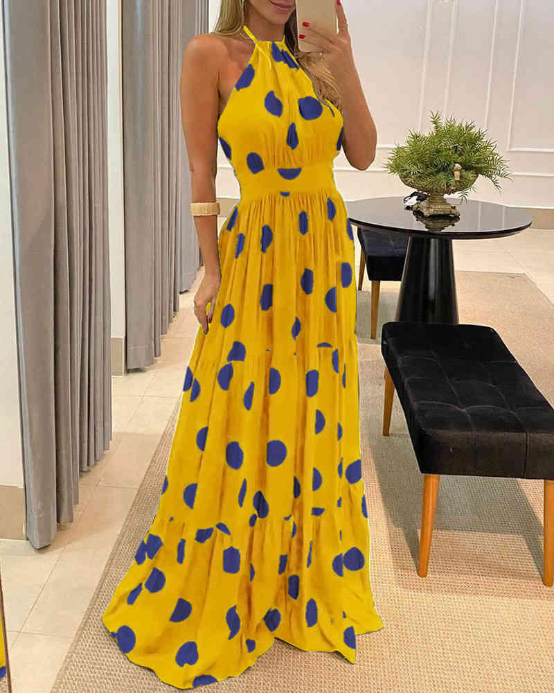 Spring Summer Women Halter Dot Print Maxi Dress New Femme Bohemian Backless Beach Wearing Lady Casual Sleeveless Outfit 210415