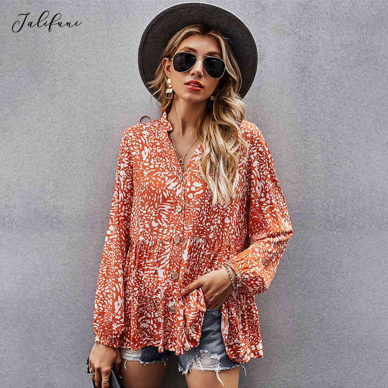 Women Shirts Blouses Autumn Spring Fashion Casual Loose Ladies White Floral Print V Neck Button Up Ruffle Tops New Arrival 210415