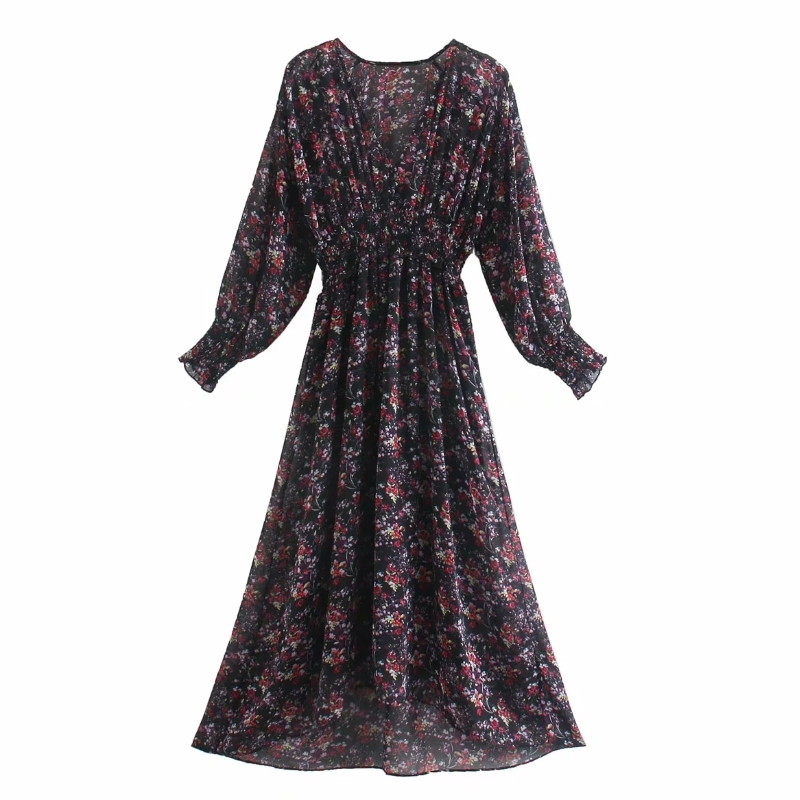 Women Floral Printing Chiffon V Neck Lantern Sleeve Midi Dress Female Loose Clothes Casual Lady Vestido D6693 210430Z