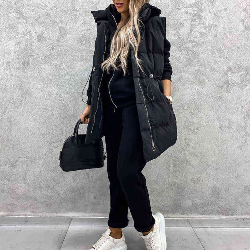 Korean Style Autumn Winter Long Waistcoat Women Solid Sleeveless Jacket Zipper Vest Female V Neck Pocket Casual Loose Outerwear 211120