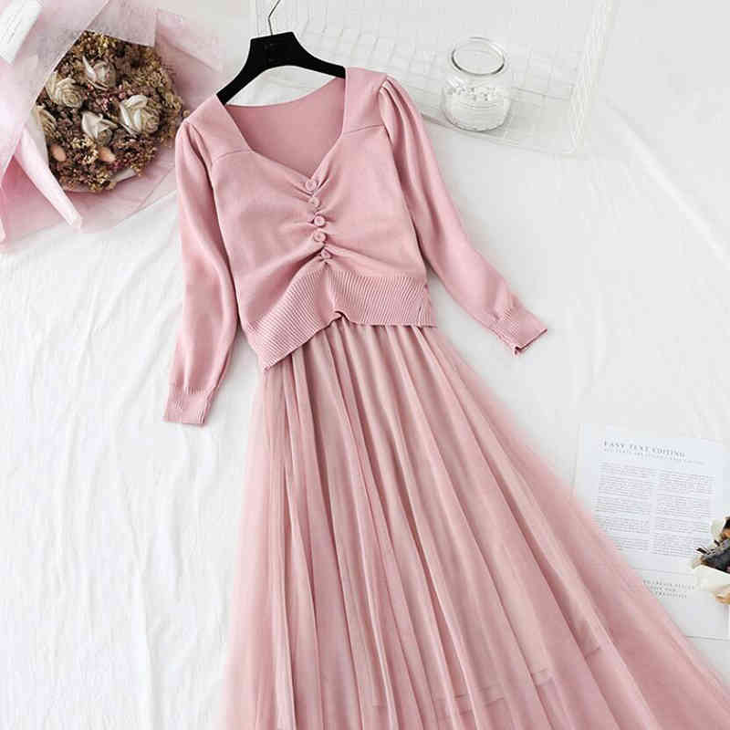 Spring Autumn Womans Sweater + Mesh Sling Dress Sets Solid Color Female Casual Two-Pieces Suits Elegant Knitted Dress 210521