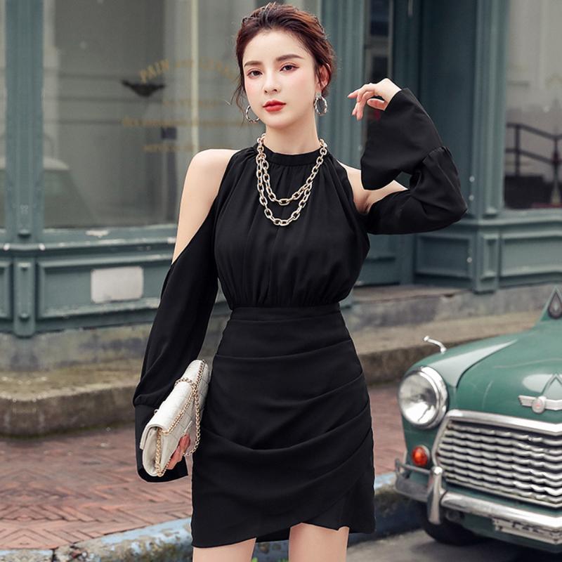 Casual Dresses Black Elegant Party Dress 2021 Spring Stand-Neck Strapless Flare Sleeve High Waist Mini Side Pleated Street