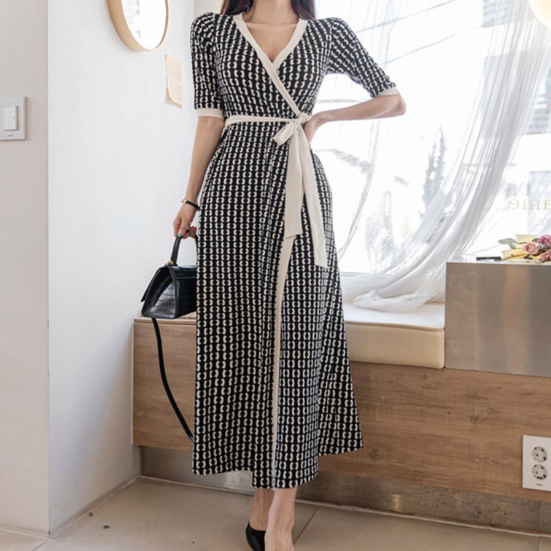 Summer Sexy V Neck Slim Retro Print Wrap Split Long Dress Party Office ladies High Waist Beach Maxi Dresses Femme Vestidos 210519