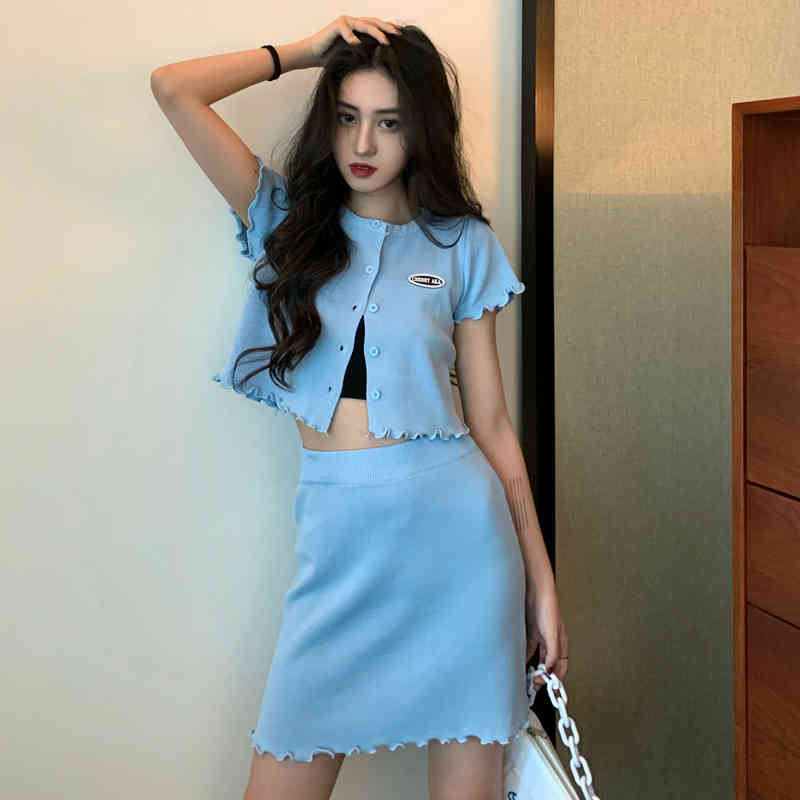 3colors two pcs set summer autumn korean style slim knitted cardigan+mini skirt 2pcs set women clothing set (C1300 210423