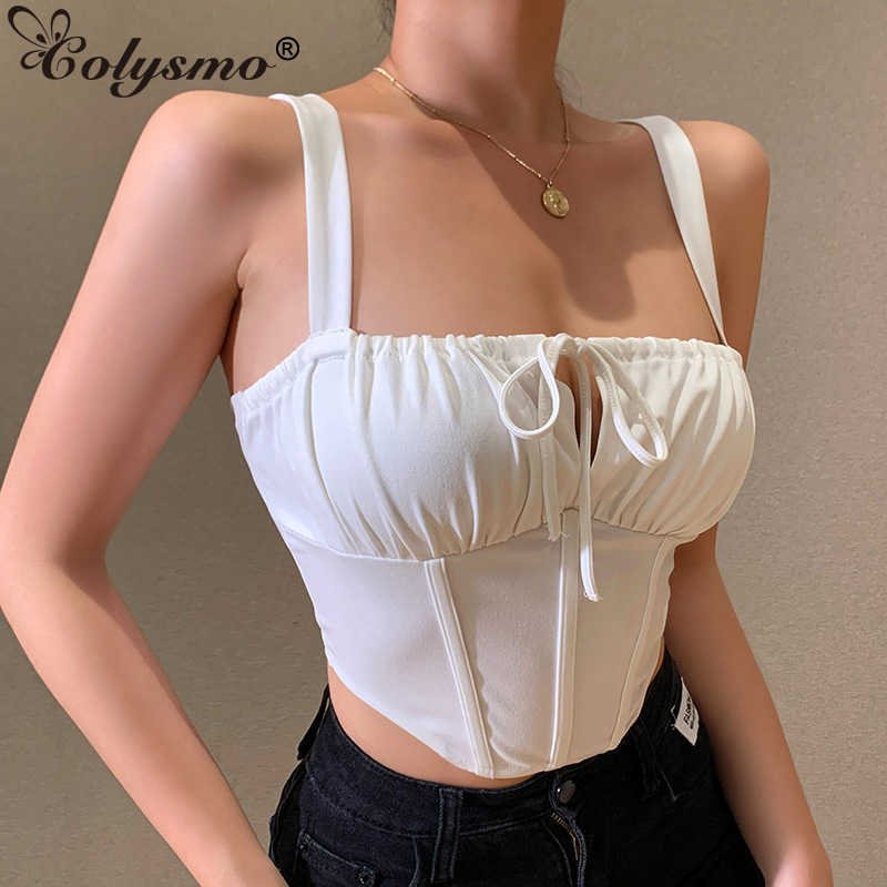 Colysmo White Tops Women Backless Square Neck Crop Top Chest Draped Bow Lace Up Corset Holiday Club Casual Bustier 210527