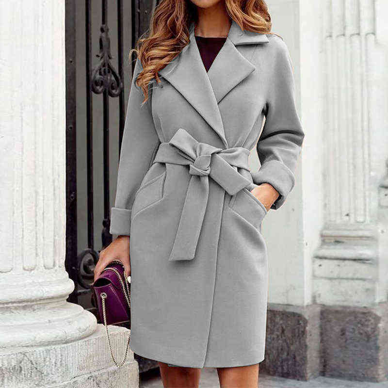 Autumn Office Turn-down Collar Lady Overcoat Fashion Simple Pocket Solid Belted Cardigan Outwear Winter Long Sleeve Women Coats 211130