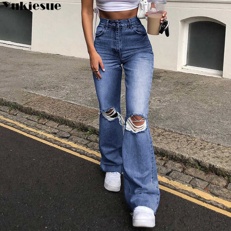 flare Pants Female Women's Jeans Large Size Boyfriend Women High Waist Mom Ripped Stright Trousers 210922