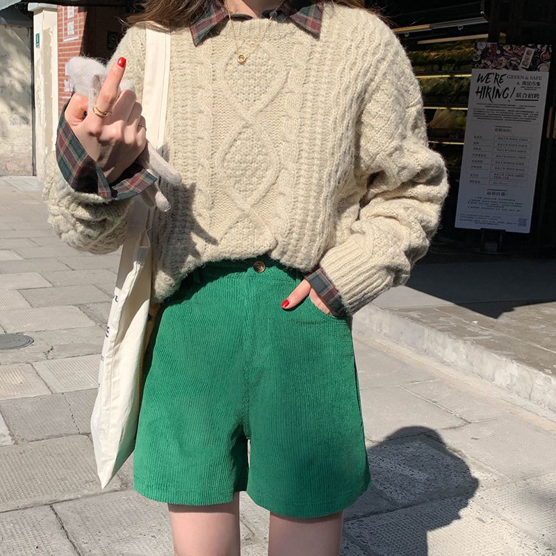 3colors SM Spring summer High Waist Shorts Feminino Soild color Corduroy loose casual wide leg Short womens (X1069) 210423