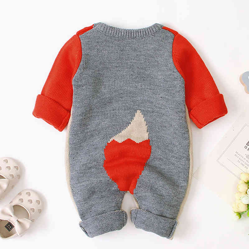 Autumn Winter Baby Boys Girls Cartoon Fox Rompers Clothes Children Boy Girl Kids Knitting Long Sleeve 210429