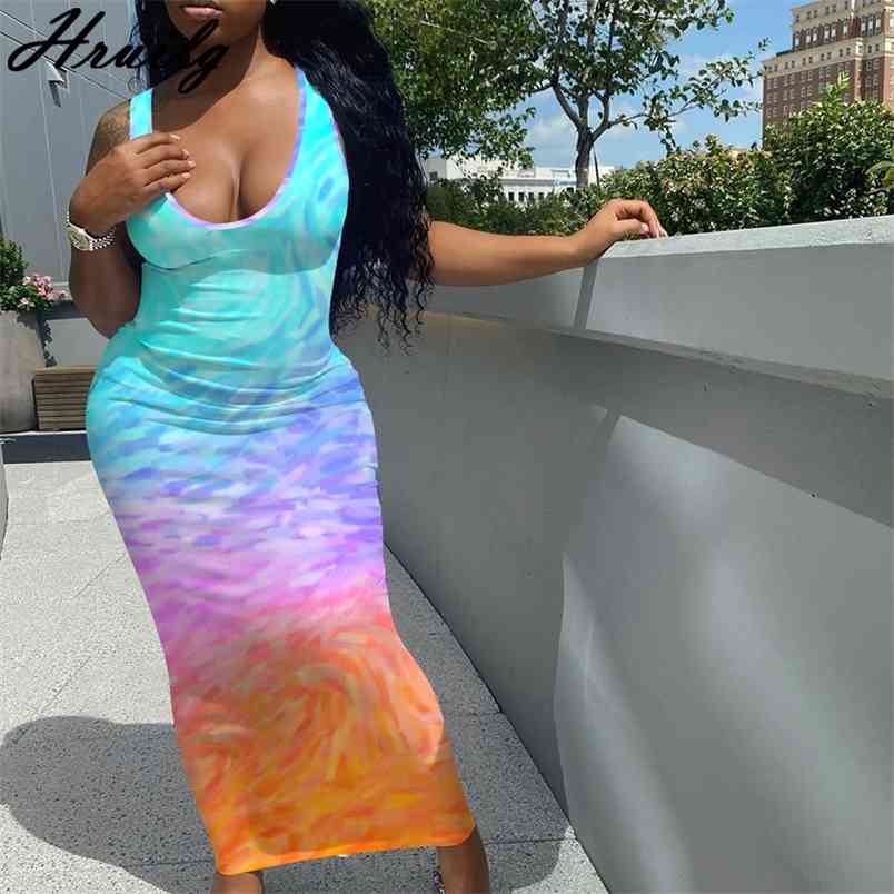 Woman Clothing Sleeveless Tie Dye Print Summer Beach Holiday Plus Size Dress for Women Party Club Night Elegant Robe Femme 210513