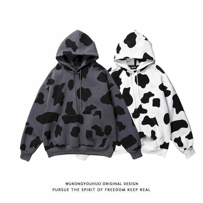 Men Sweatshirt Autumn Winter Fried Street Full Print Black White Cow Loose Lovers Lazy Sports Hoodies Trendy 210526
