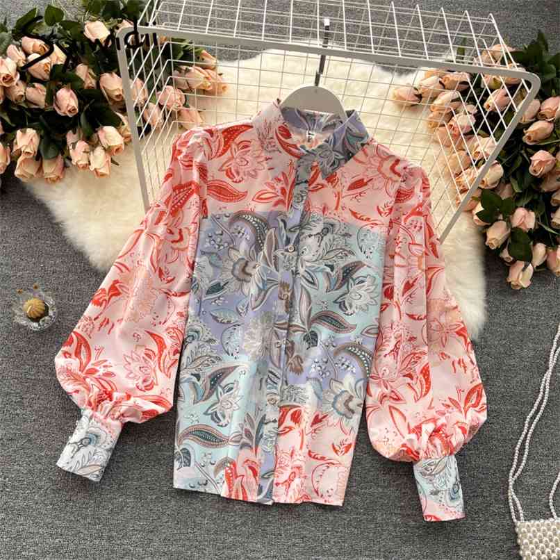 Print Button Up Blouses Womens Summer Korean Lantern Sleeve Contrase Color Spliced Turn-down Collar Pink Shirt 210607
Print Button Up Blouses Womens Summer Korean Lantern Sleeve Contrase Color Spliced Turn-down Collar Pink Shirt 210607