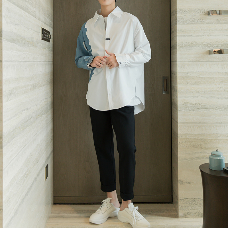 IEFB men's wear color block patchwork white shirt for male fashion loose long sleeve korean shirt vintage streetwear 9Y2453 210524