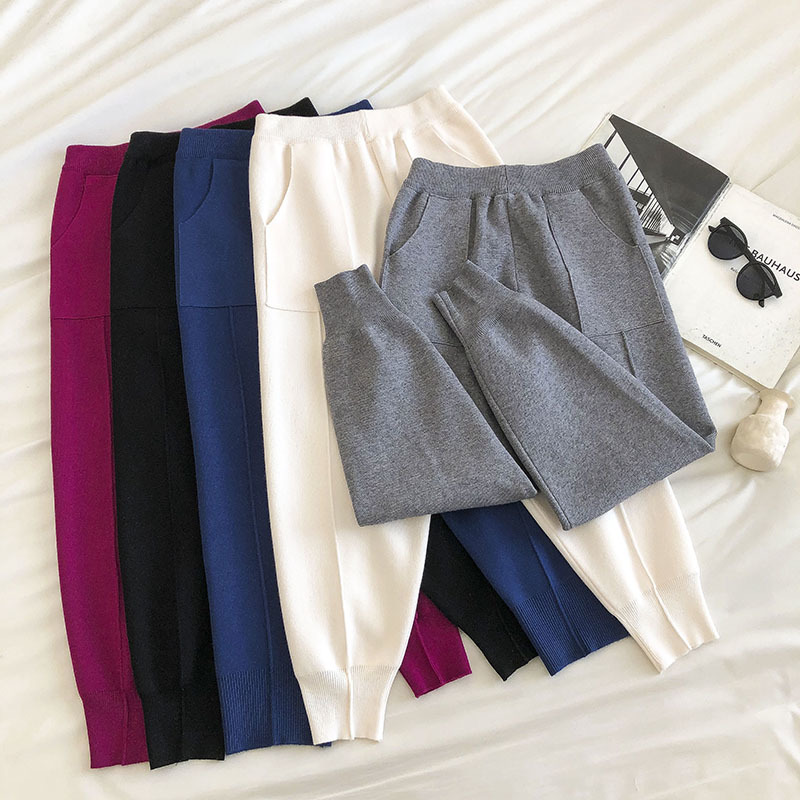 Nomikuma Knitted Harem Pants Autumn Winter Sweater Trousers Korean Causal Solid Pockets Women Ankle-length Pants 6C967 210427