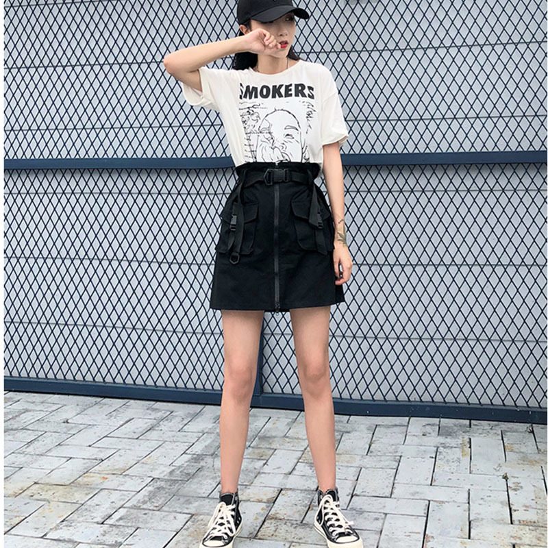 Pockets Skirt Sashes Ladies Short Tool Women's s Summer A Line Zipper Harajuku Mini with Belt 9780 210518