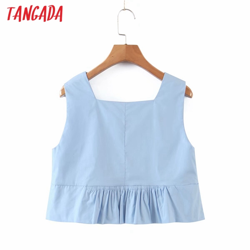 Women Blue Camis Square Neck Crop Top Sleeveless Short Blouses Shirts Female Casual Solid Tops QD09 210416