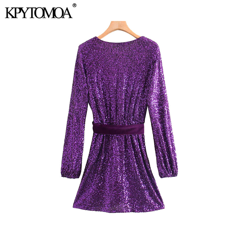 Sexy Deep V Neck Sequin Wrap Mini Dress Women Fashion Long Sleeve Bow Tie Velvet Sashes Party Dresses Chic Vestidos 210420