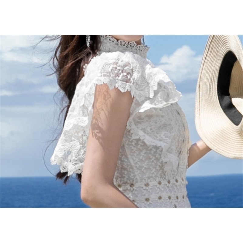 White lace vintage Long dress woman stand neck short sleeve hollow out elegant party Maxi spring summer sexy vestido 210519