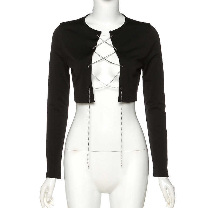 Diamonds Chain Lace Up Crop Tops Summer Long Sleeve Night Club T-shirt Streetwear Cutout Black Cropped Cardigan Ladies Top Tees 210720