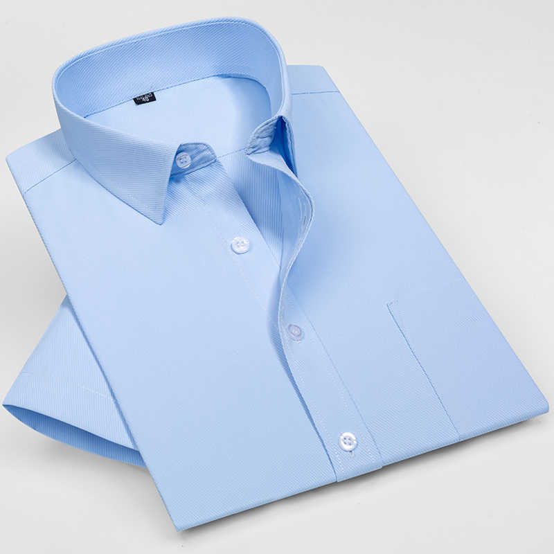 summer short sleeve striped regular fit non-iron easy care business men shirts no fade no shrink with chest pocket 210714