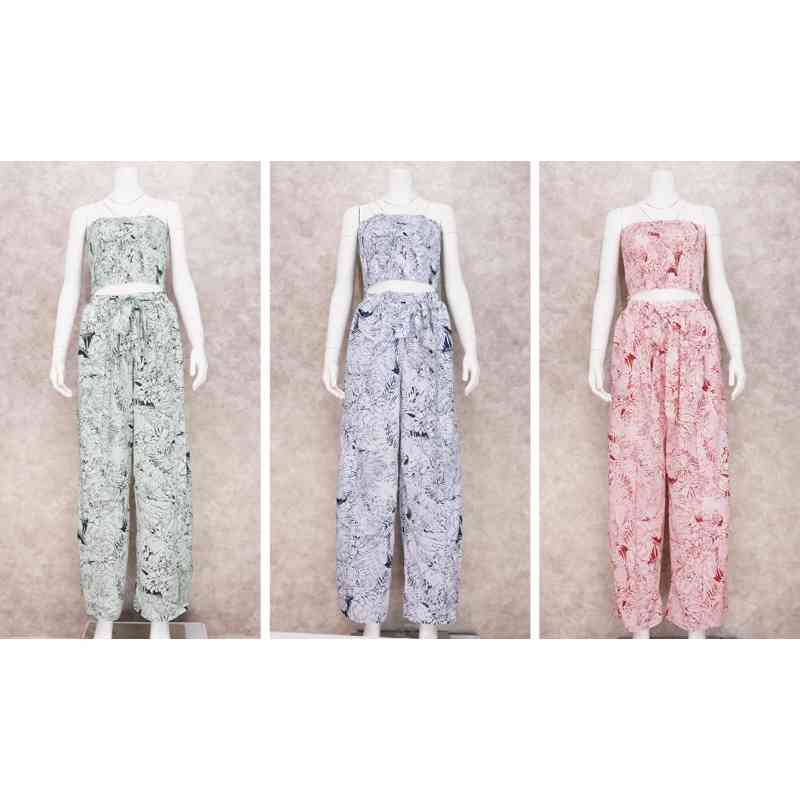 Sexy 2 Pieces Sets Blue Printing Beachwear Women Floral Clothes Tank Top Wide Leg Pants Outwear Beach Cover up A427 210420