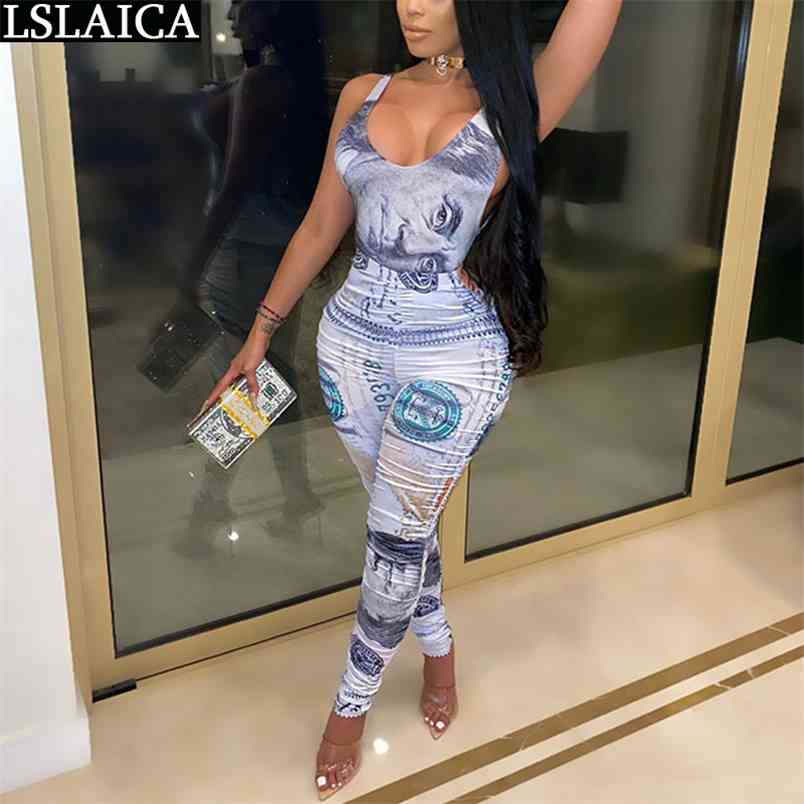 Jumpsuit Women Dollar Print Sleeveless O Neck Bodycon Bodysuit Summer Sexy Romper Fashion Outfit Club Outfits 210515