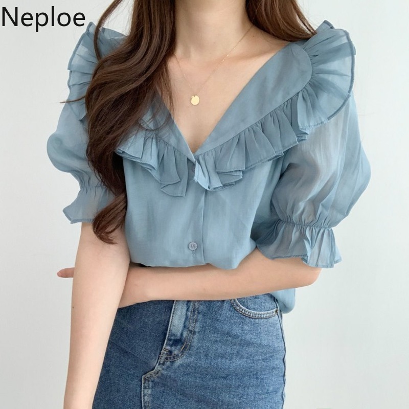 Neploe Korean Summer Shirts Chic Ruffles Elegant Blouses Women Clothes Sweet Puff Lseeve Chiffon Tops Blusas Mujer De Moda 210422
