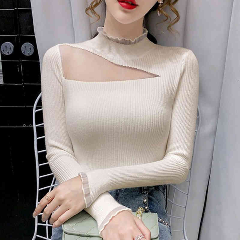Long Sleeve Knitted Mesh Sexy Women Sweaters Autumn Korean Solid Vintage Sweater Jumper Sweter Damski 11589 210415