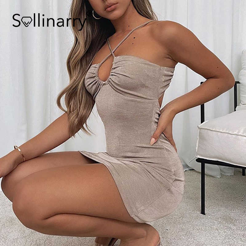 Sollinarry Club keyhole women's summer dress solid Sexy pleated wrap ladies mini dress High street drawstring slim vestidos 210709