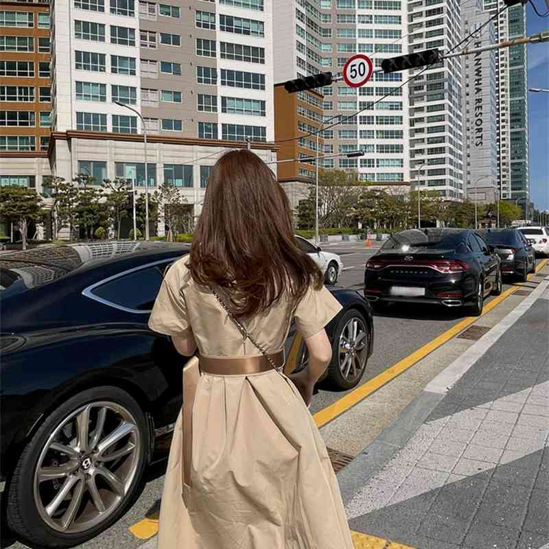 Summer Korea Style Casual Temperament Mid-Length Dress Fashion High Waist Big Swinging Khaki Dresses With Belt 210520