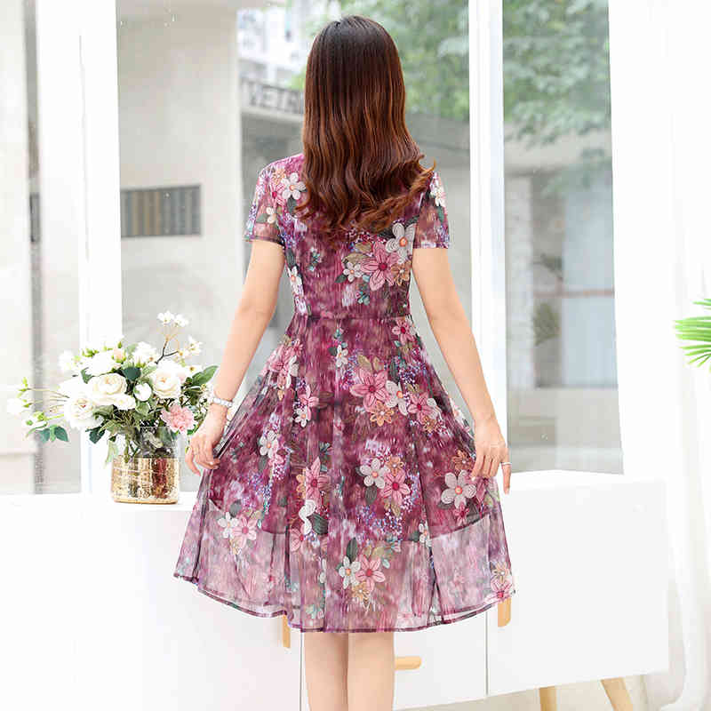 Middle-aged V Neck Women Dress Summer Chiffon Mid-Length Short-Sleeved Plus Size Printed elegant dress 821G 210420